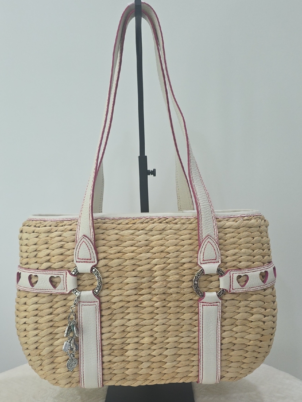 Brighton Natural Woven Tote with Pink-Trim Handles and Decorative Accents